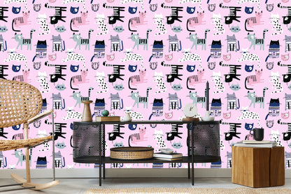 Wallpaper Colorful Cats On Pink Background