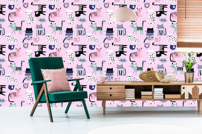 Wallpaper Colorful Cats On Pink Background