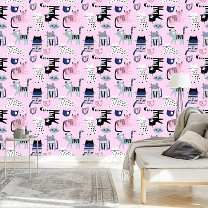 Wallpaper Colorful Cats On Pink Background