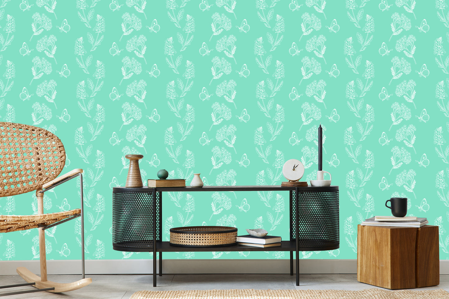 Wallpaper Herbs And Butterflies On A Turquoise Background