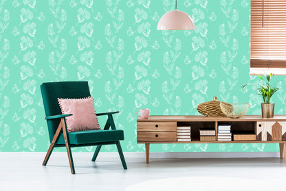 Wallpaper Herbs And Butterflies On A Turquoise Background