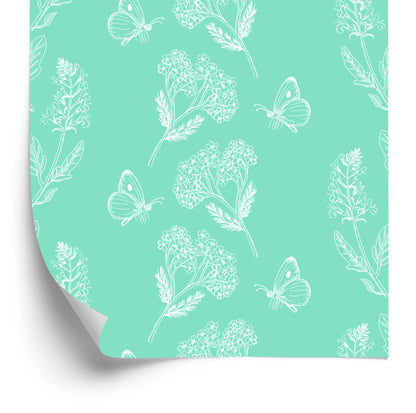 Wallpaper Herbs And Butterflies On A Turquoise Background