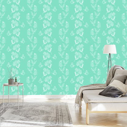 Wallpaper Herbs And Butterflies On A Turquoise Background
