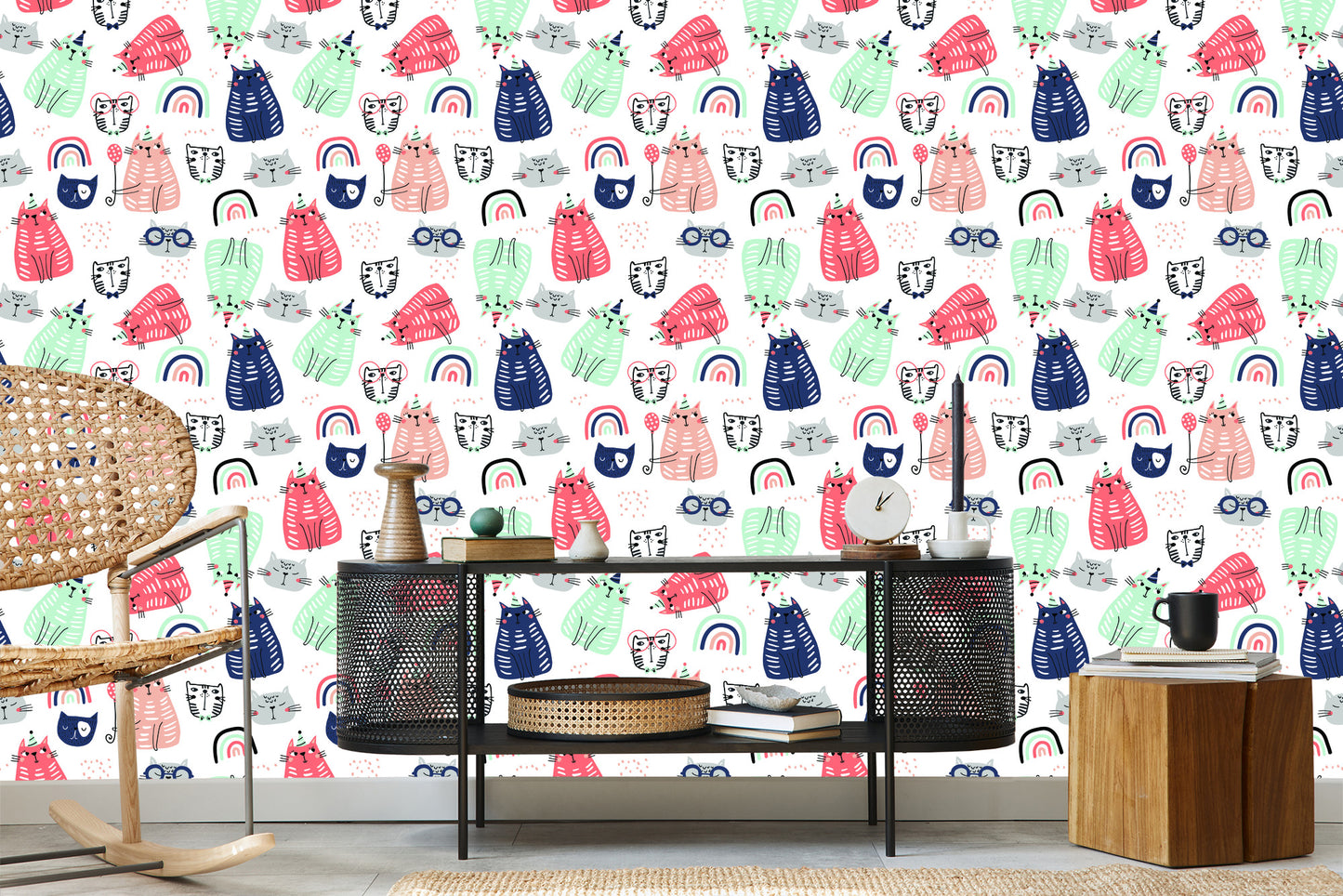 Wallpaper Cats And Rainbows In Scandinavian Style