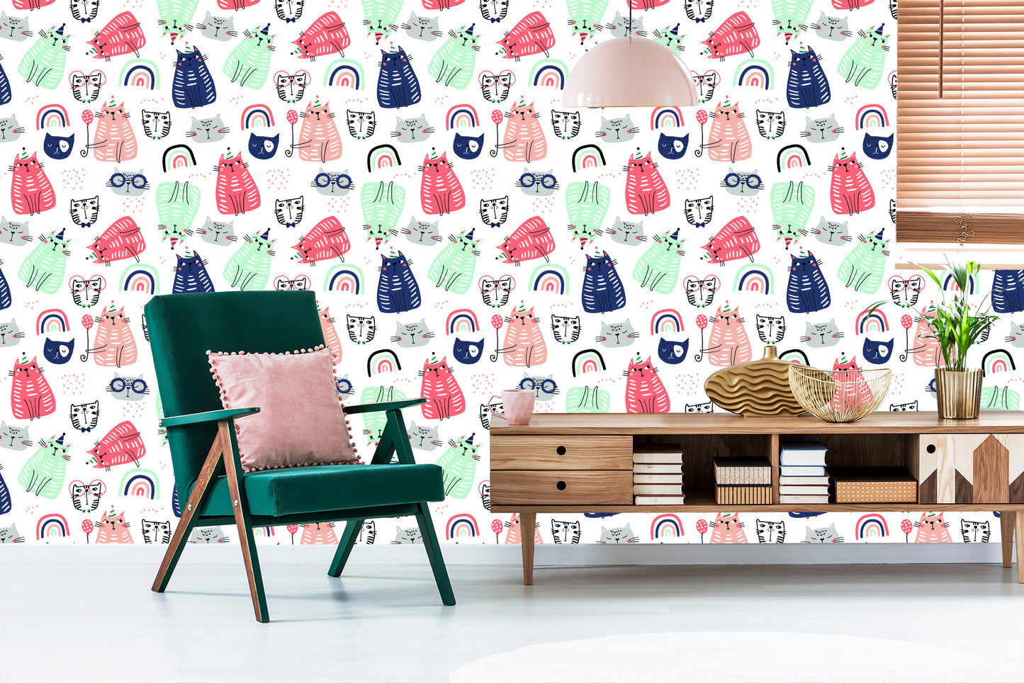 Wallpaper Cats And Rainbows In Scandinavian Style
