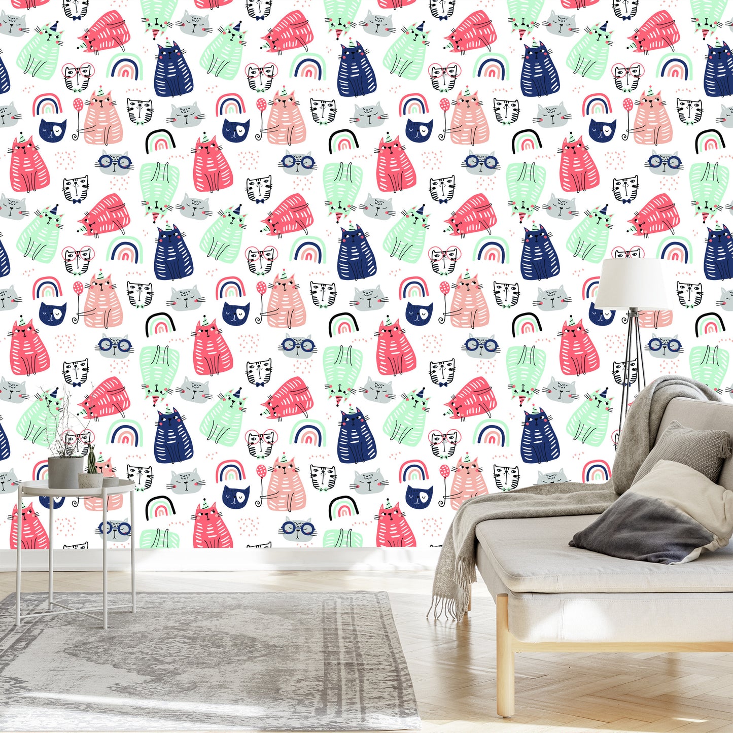 Wallpaper Cats And Rainbows In Scandinavian Style