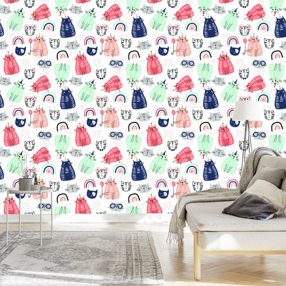 Wallpaper Cats And Rainbows In Scandinavian Style