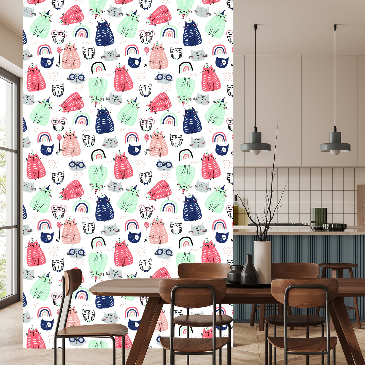 Wallpaper Cats And Rainbows In Scandinavian Style