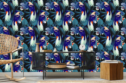 Wallpaper Tropical Birds, Flowers And Leaves