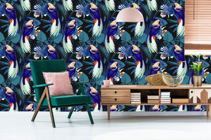 Wallpaper Tropical Birds, Flowers And Leaves
