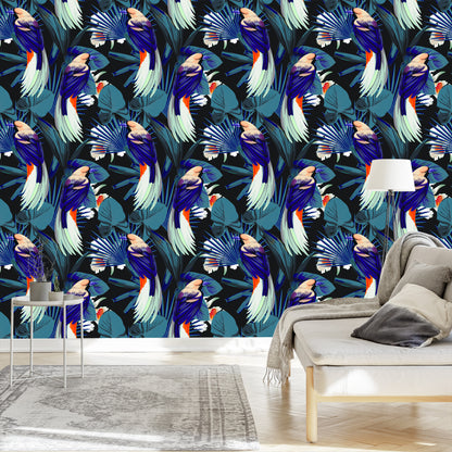 Wallpaper Tropical Birds, Flowers And Leaves