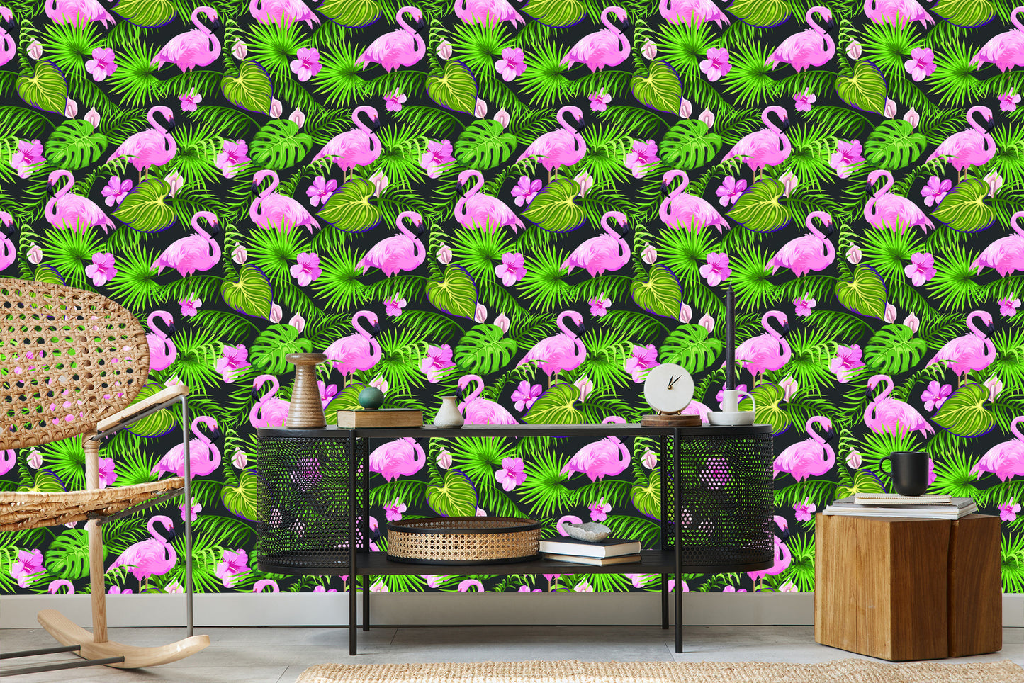 Wallpaper Tropical - Flamingos, Leaves And Flowers