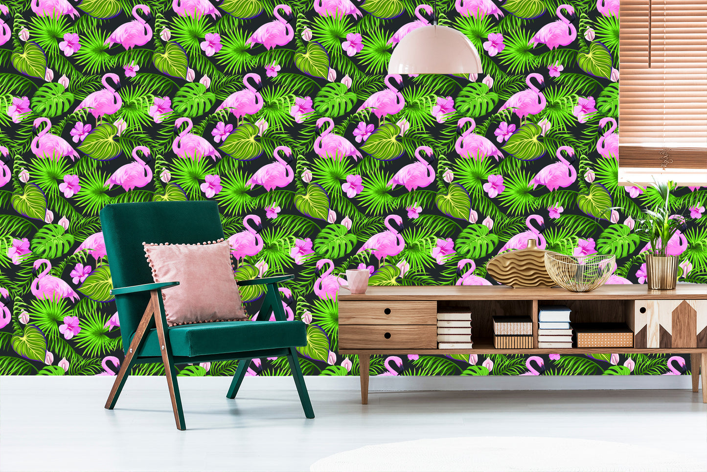Wallpaper Tropical - Flamingos, Leaves And Flowers