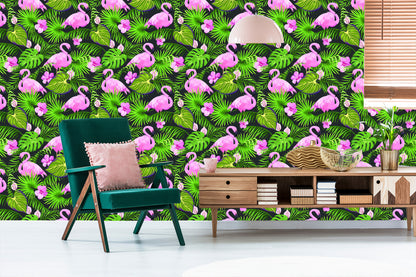 Wallpaper Tropical - Flamingos, Leaves And Flowers