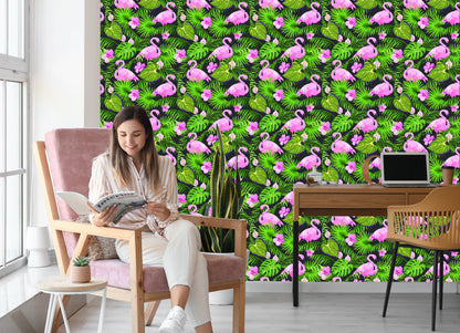 Wallpaper Tropical - Flamingos, Leaves And Flowers