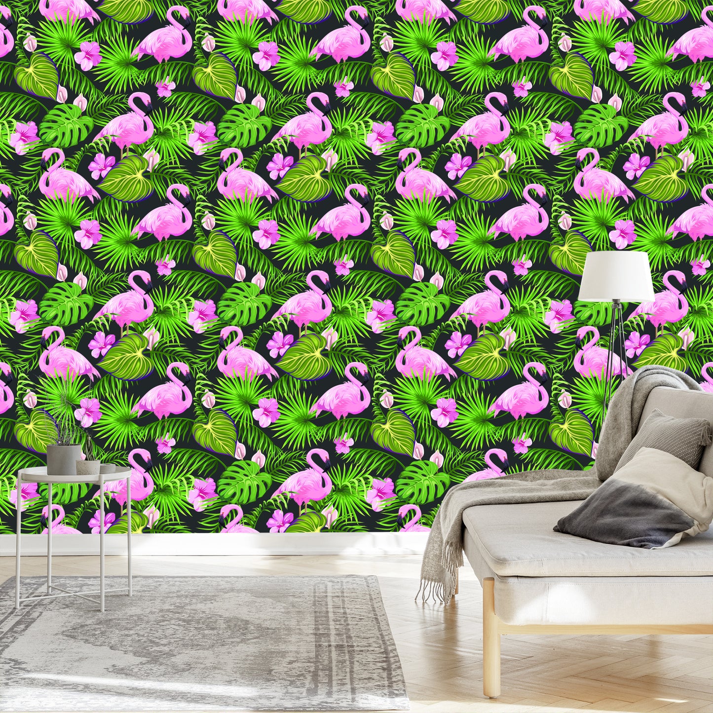 Wallpaper Tropical - Flamingos, Leaves And Flowers