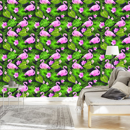 Wallpaper Tropical - Flamingos, Leaves And Flowers