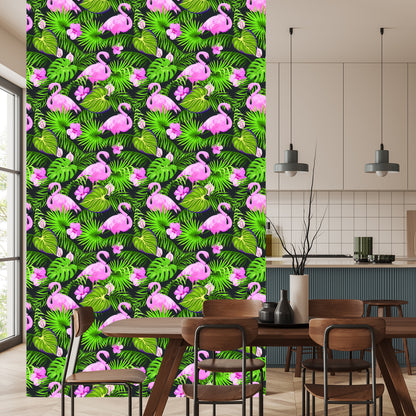 Wallpaper Tropical - Flamingos, Leaves And Flowers