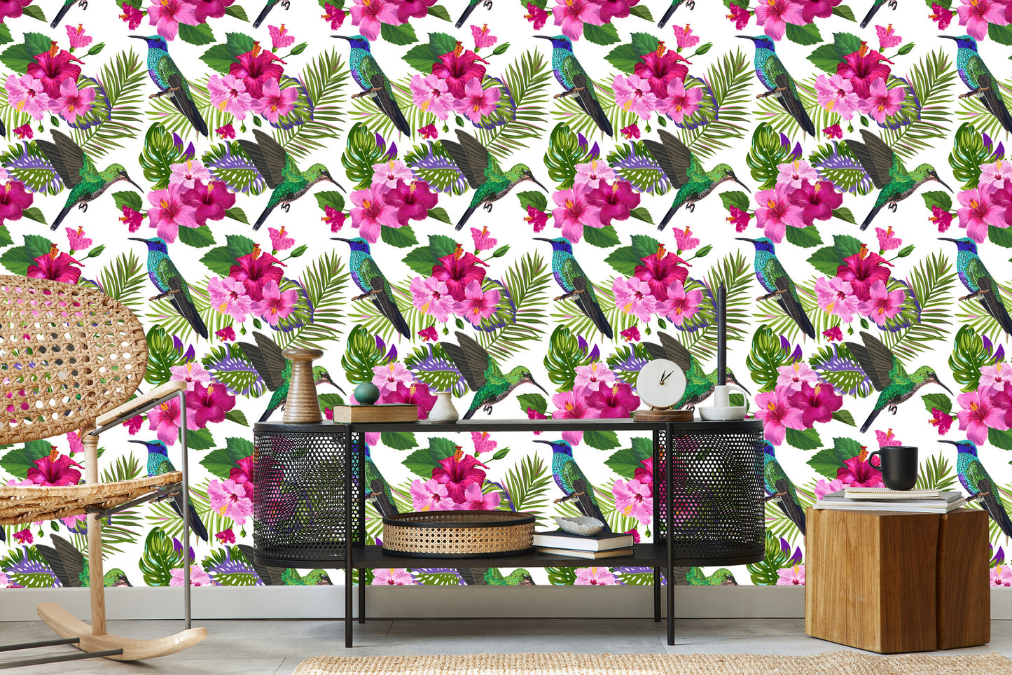 Wallpaper Colorful Hummingbirds, Leaves And Flowers
