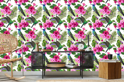 Wallpaper Colorful Hummingbirds, Leaves And Flowers
