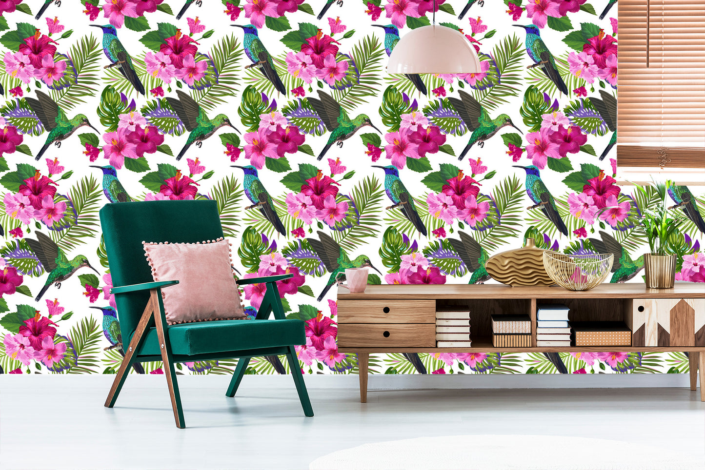 Wallpaper Colorful Hummingbirds, Leaves And Flowers