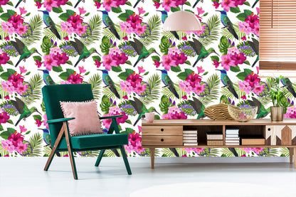 Wallpaper Colorful Hummingbirds, Leaves And Flowers