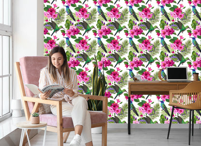 Wallpaper Colorful Hummingbirds, Leaves And Flowers