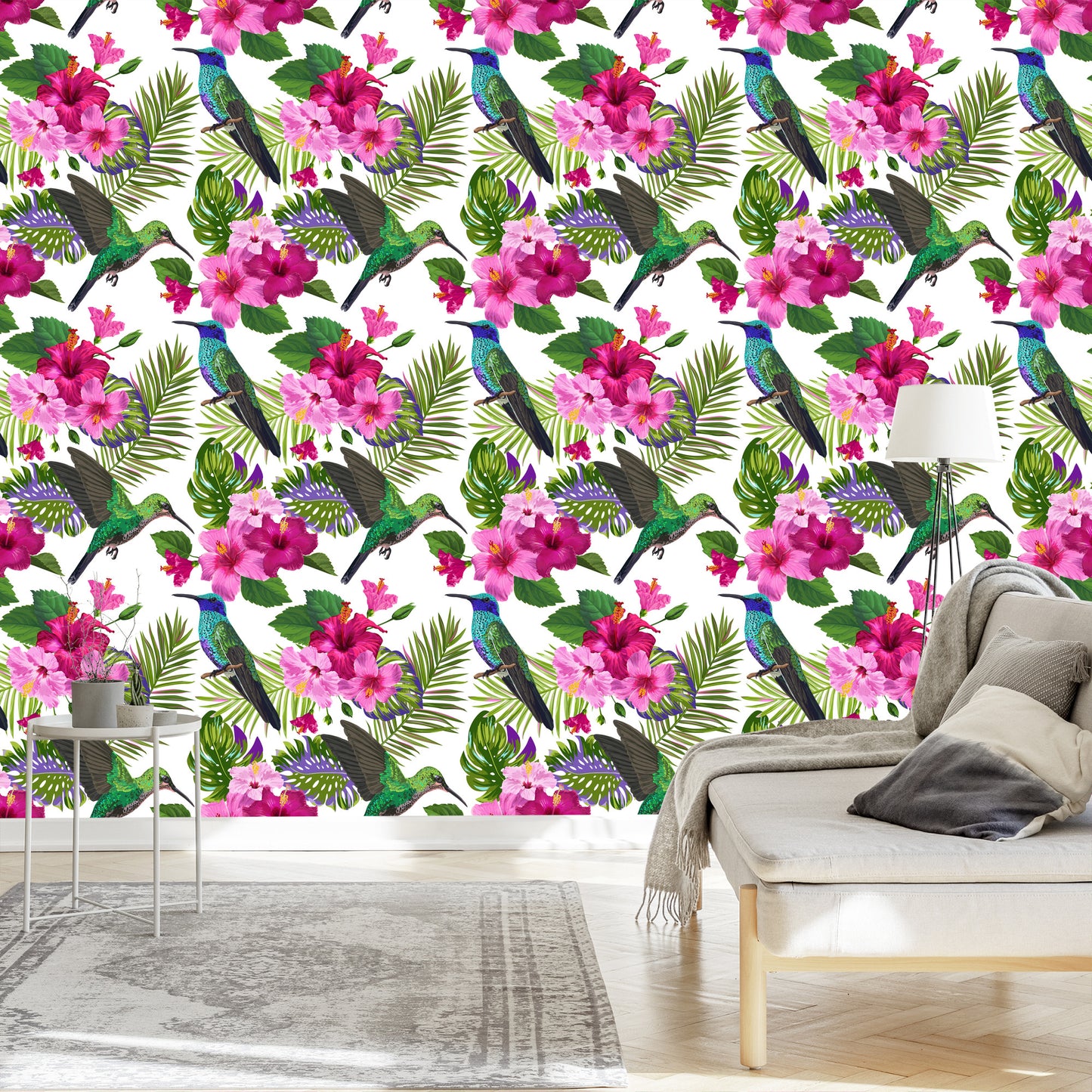 Wallpaper Colorful Hummingbirds, Leaves And Flowers