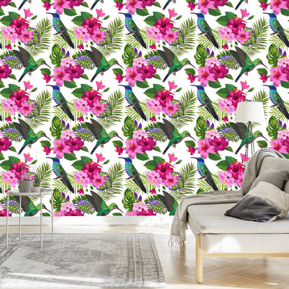 Wallpaper Colorful Hummingbirds, Leaves And Flowers