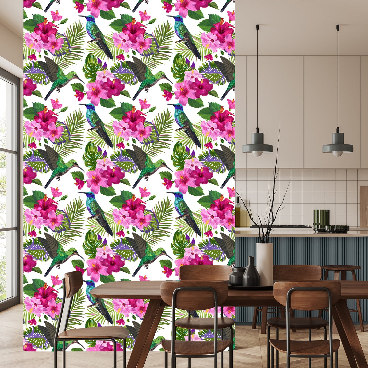Wallpaper Colorful Hummingbirds, Leaves And Flowers