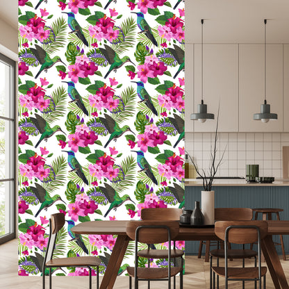 Wallpaper Colorful Hummingbirds, Leaves And Flowers