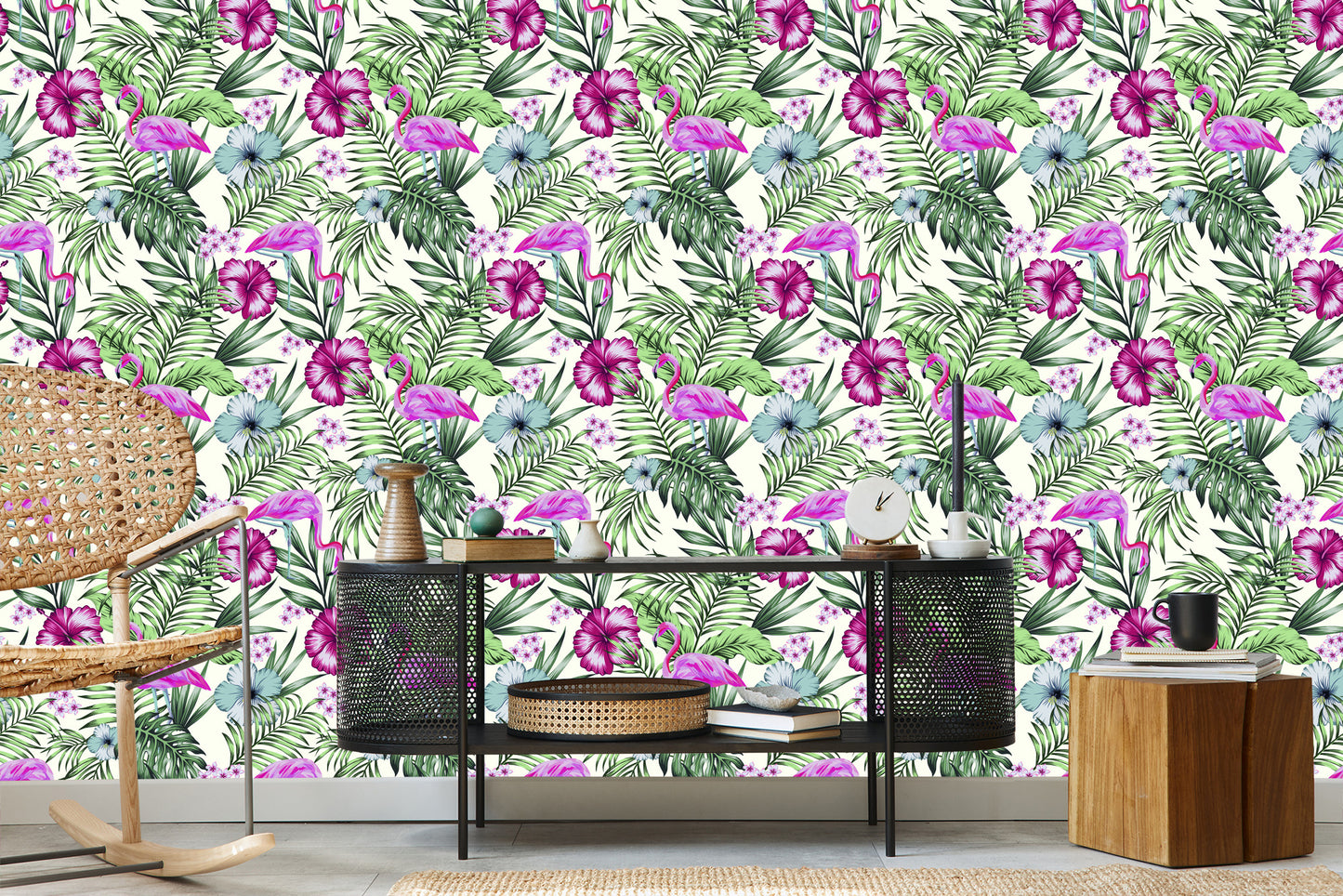 Wallpaper Tropical - Flamingos, Leaves And Flowers