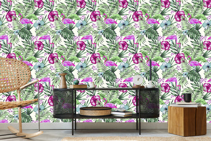 Wallpaper Tropical - Flamingos, Leaves And Flowers
