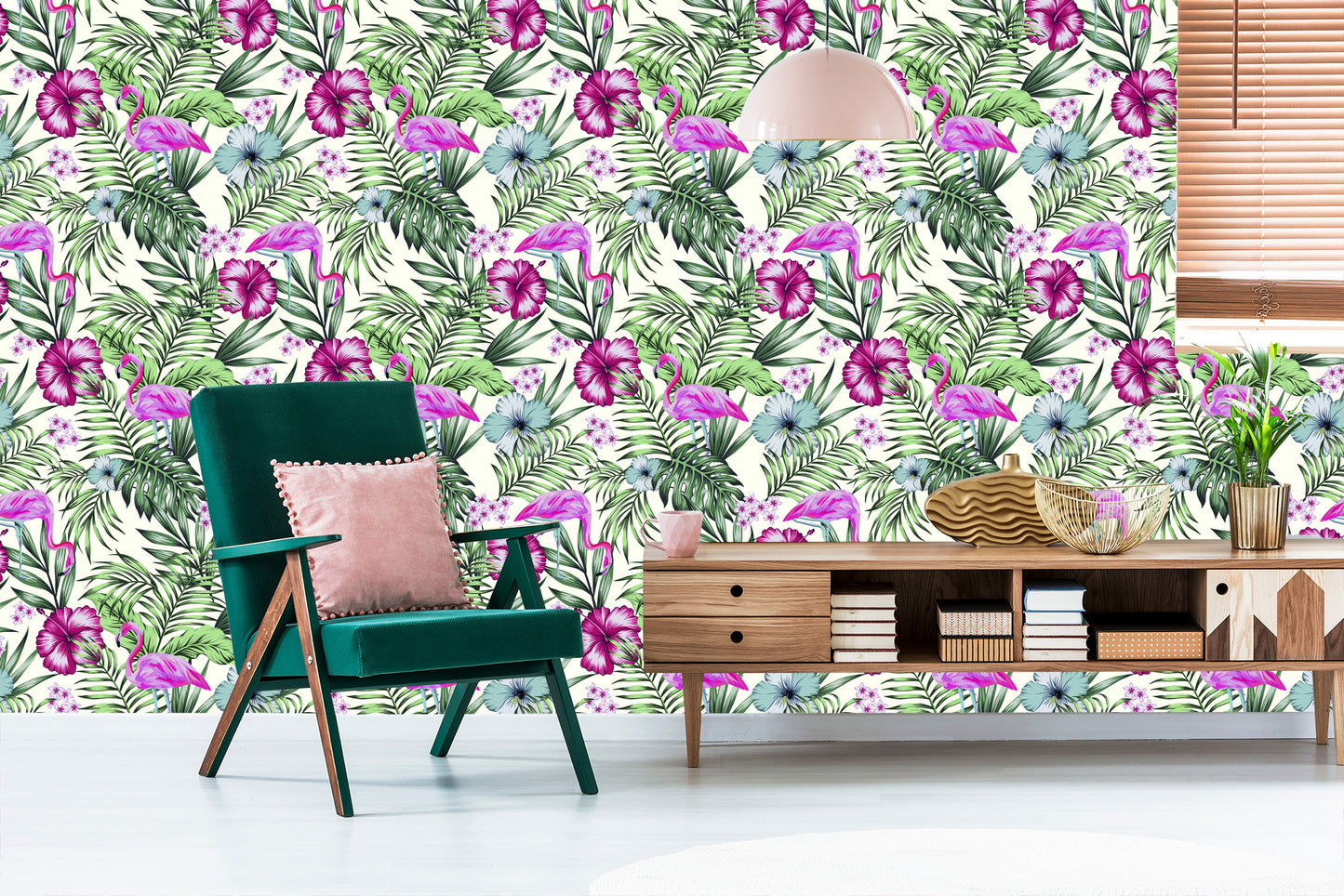 Wallpaper Tropical - Flamingos, Leaves And Flowers