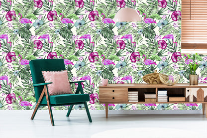 Wallpaper Tropical - Flamingos, Leaves And Flowers