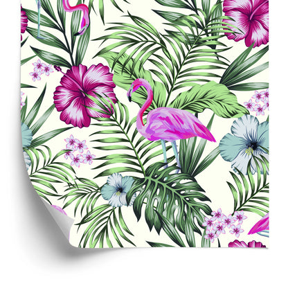 Wallpaper Tropical - Flamingos, Leaves And Flowers