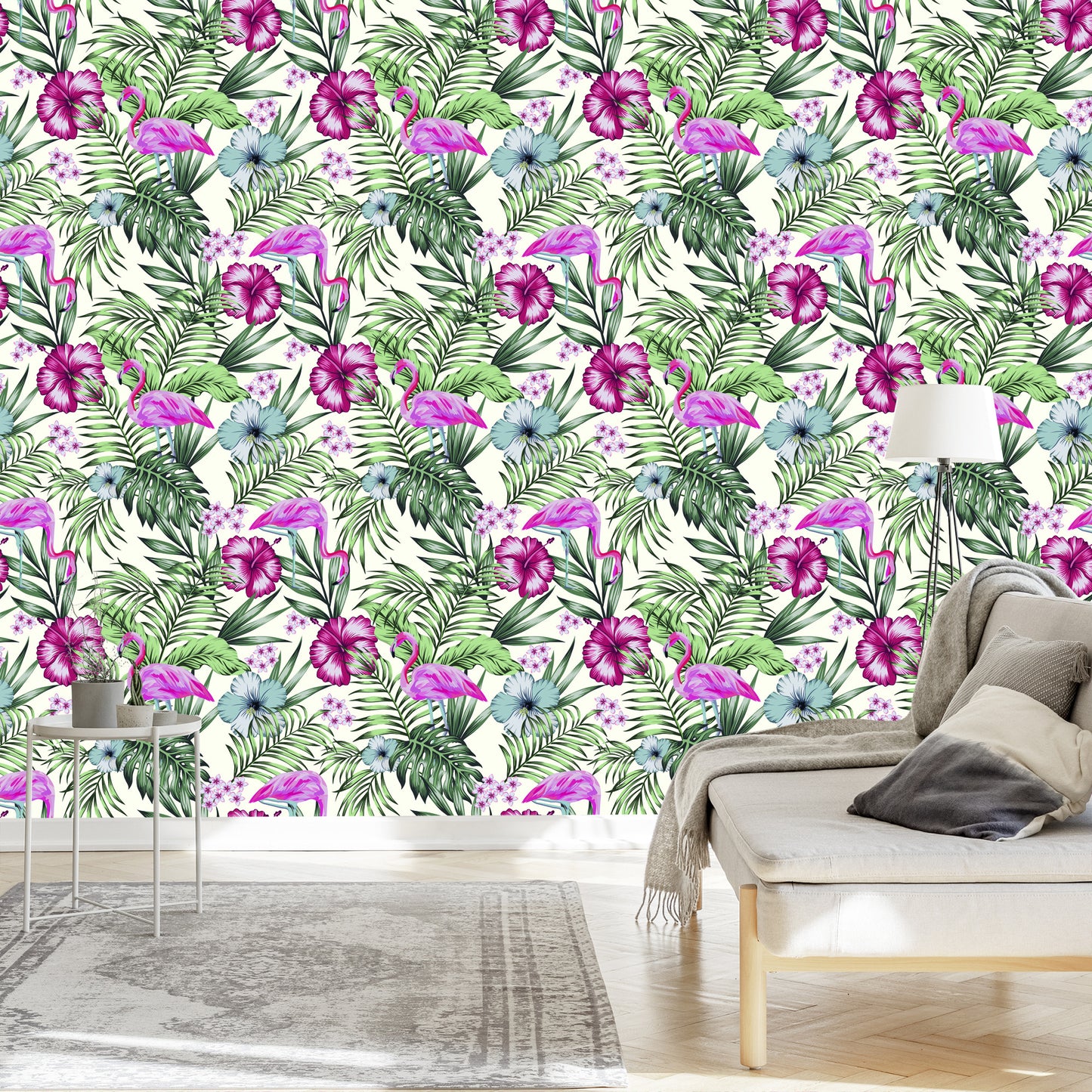 Wallpaper Tropical - Flamingos, Leaves And Flowers