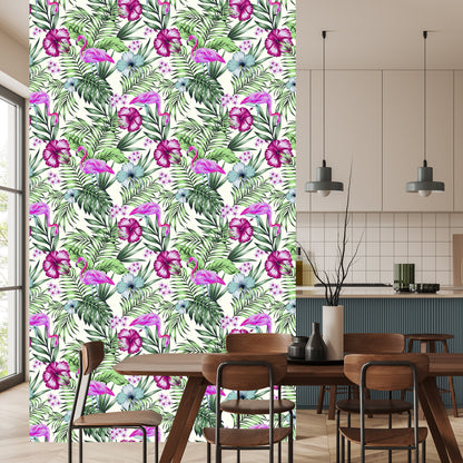 Wallpaper Tropical - Flamingos, Leaves And Flowers
