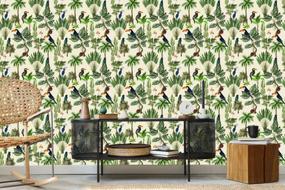 Wallpaper Exotic Birds And Plants In Vintage Style