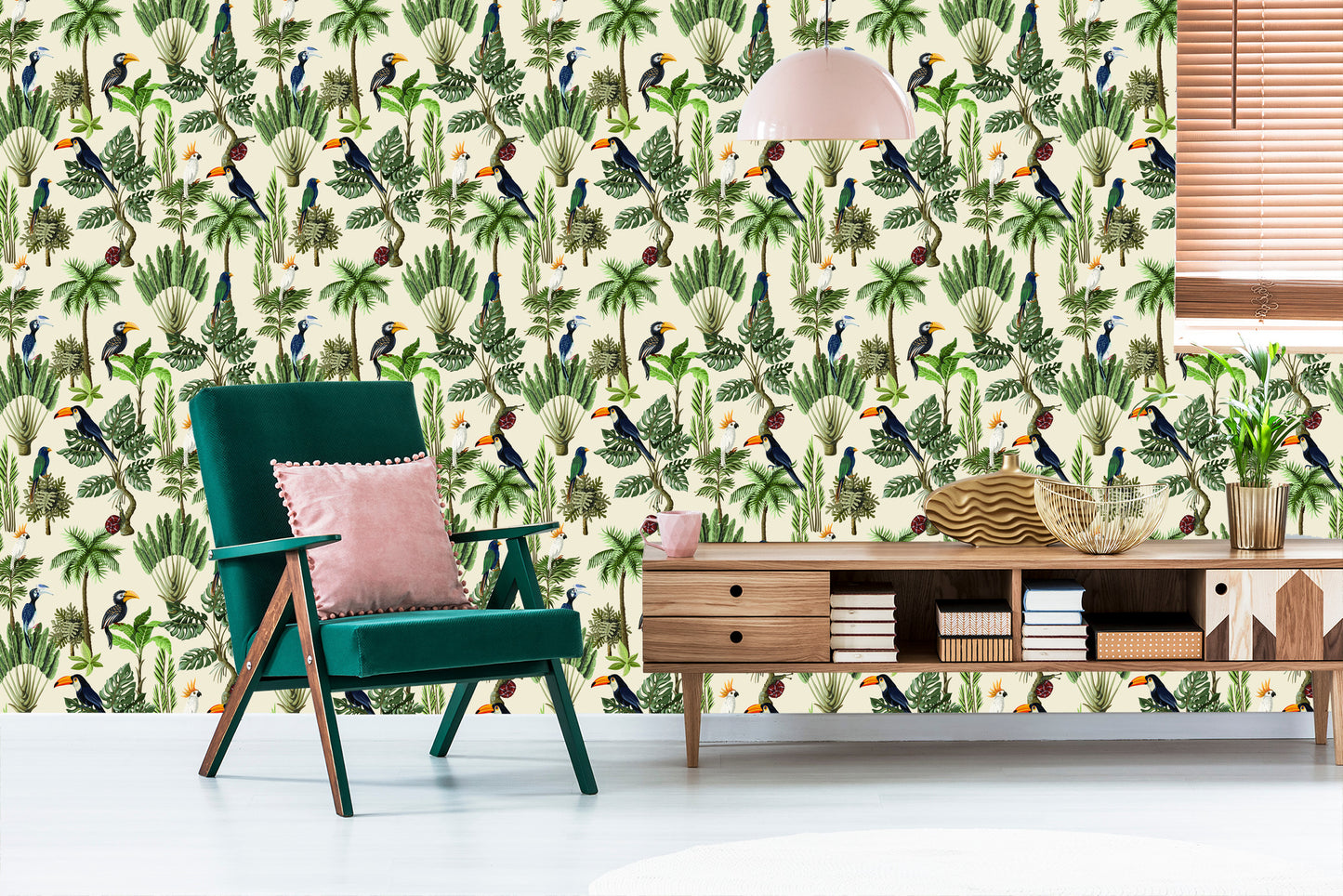Wallpaper Exotic Birds And Plants In Vintage Style