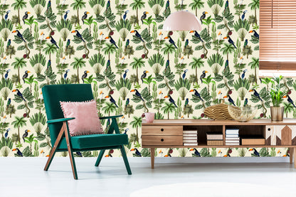 Wallpaper Exotic Birds And Plants In Vintage Style
