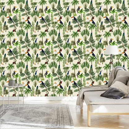 Wallpaper Exotic Birds And Plants In Vintage Style