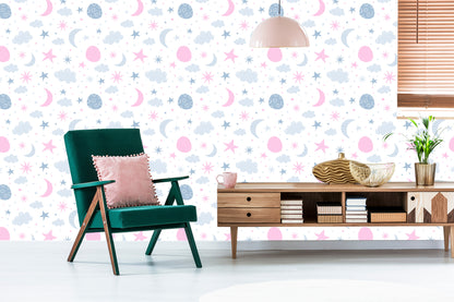 Wallpaper Stars, Clouds And Moons In Scandinavian Style