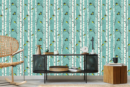 Wallpaper Birches And Colorful Birds In Winter