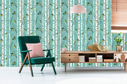 Wallpaper Birches And Colorful Birds In Winter