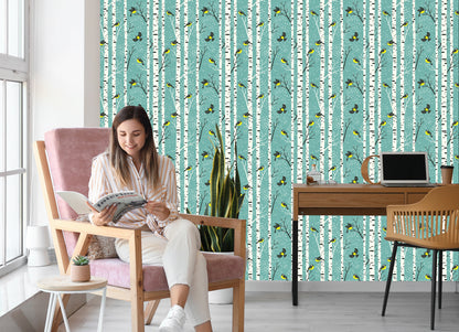 Wallpaper Birches And Colorful Birds In Winter