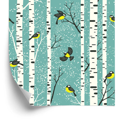 Wallpaper Birches And Colorful Birds In Winter