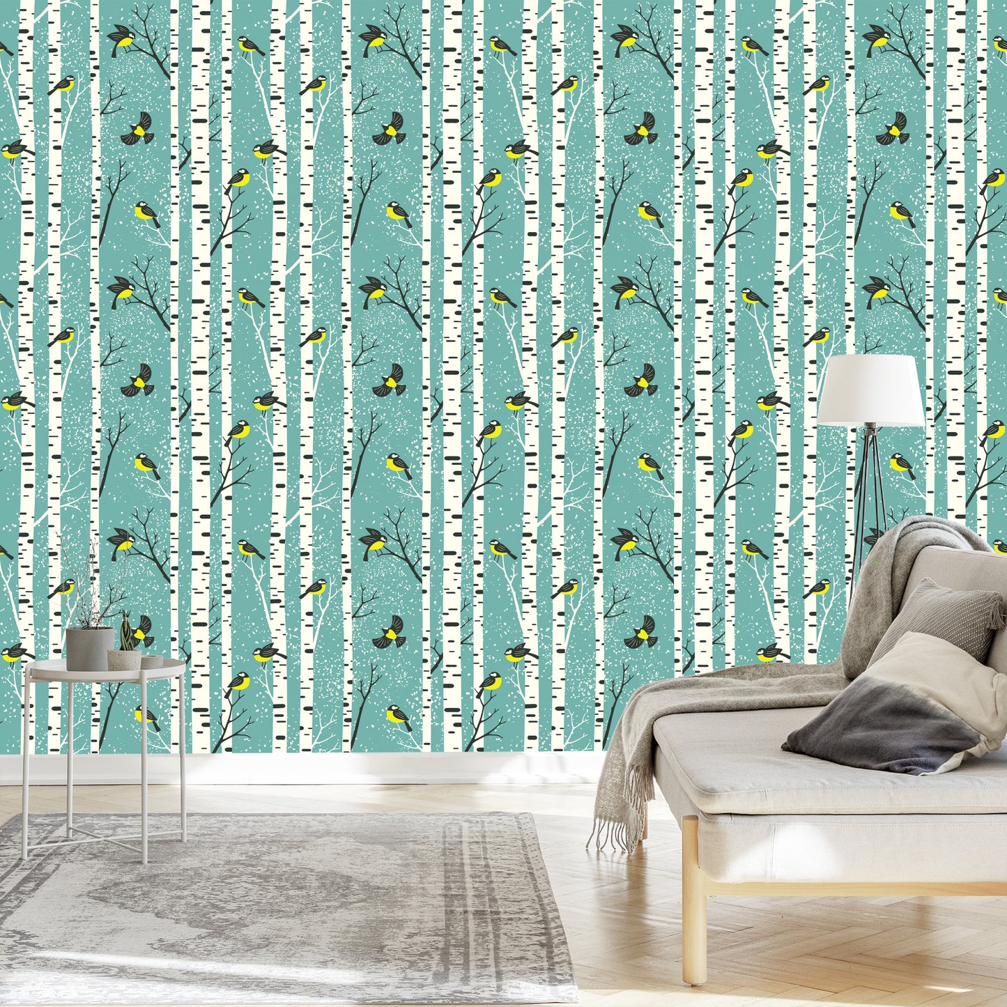 Wallpaper Birches And Colorful Birds In Winter
