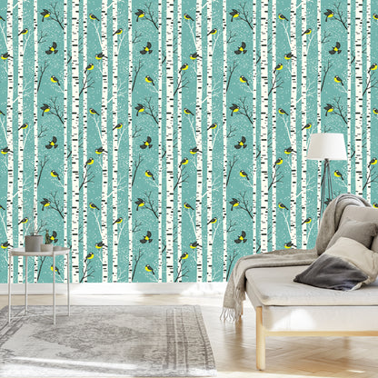 Wallpaper Birches And Colorful Birds In Winter