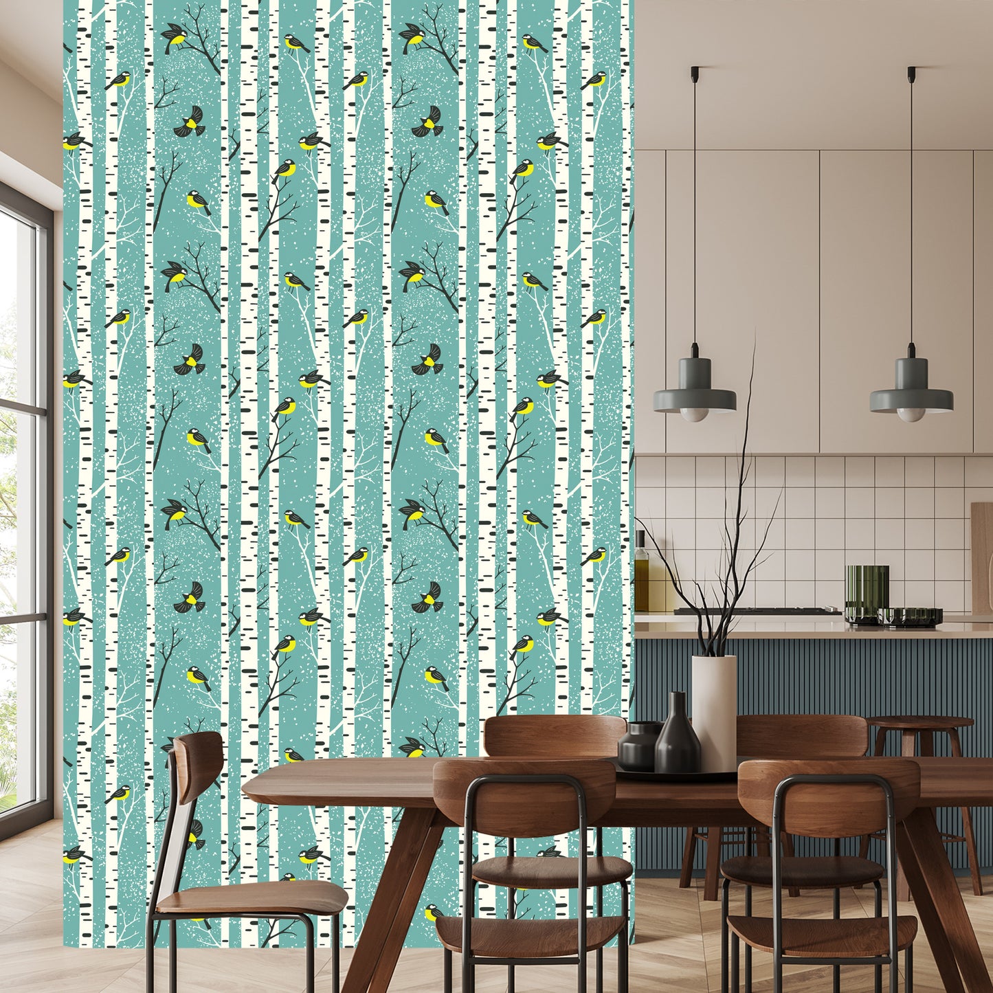 Wallpaper Birches And Colorful Birds In Winter